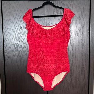 Swimsuits for All red one piece eyelet swimsuit on/off the shoulder PLUS SIZE 22